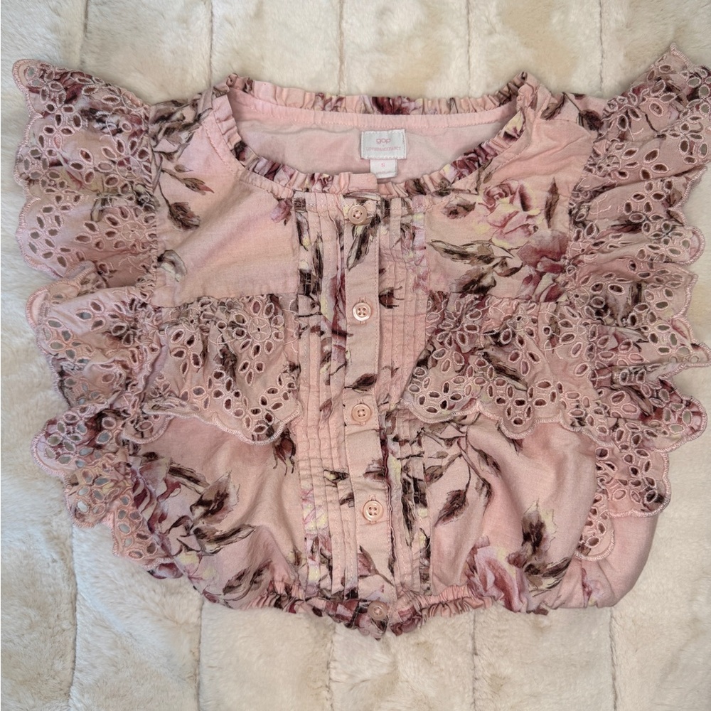 Gap x LoveShackFancy Pink Ruffle Floral Eyelet Cute Blouse SZ: CH Small (6-7)